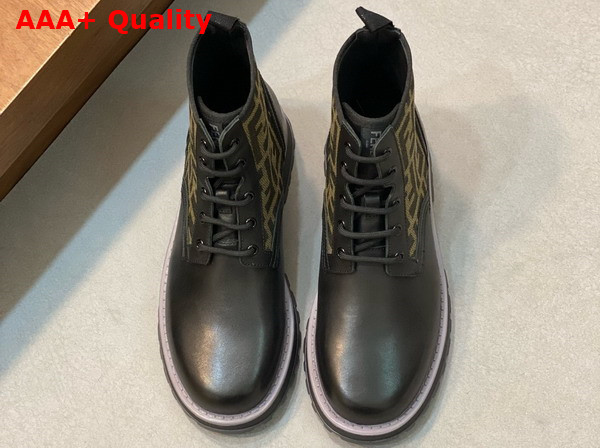 Fendi Mens Biker Boots in Black Leather and Brown Fendi FF Jacquard Fabric Replica