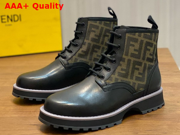 Fendi Mens Biker Boots in Black Leather and Brown Fendi FF Jacquard Fabric Replica