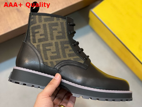 Fendi Mens Biker Boots in Black Leather and Brown Fendi FF Jacquard Fabric Replica