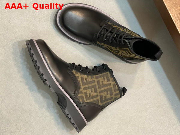 Fendi Mens Biker Boots in Black Leather and Brown Fendi FF Jacquard Fabric Replica