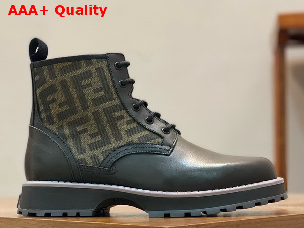 Fendi Mens Biker Boots in Black Leather and Brown Fendi FF Jacquard Fabric Replica