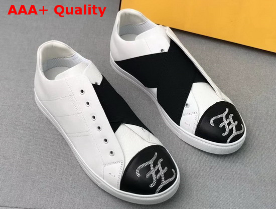Fendi Mens Slip on Sneakers in White Calfskin with Black Crisscrossing Elastic Straps Replica