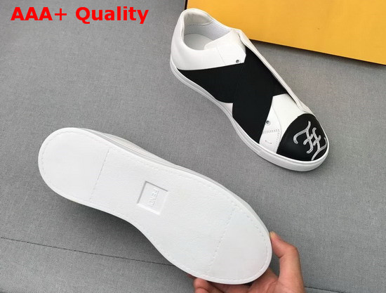 Fendi Mens Slip on Sneakers in White Calfskin with Black Crisscrossing Elastic Straps Replica