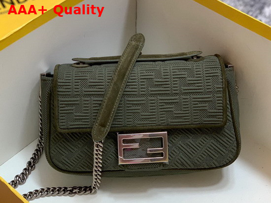 Fendi Midi Baguette Chain Green FF Fabric Bag with 3D Texture FF Motif Replica