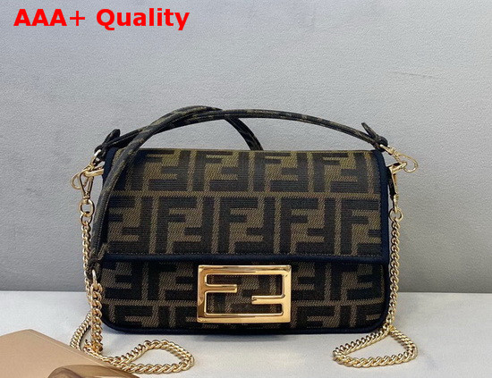 Fendi Mini Baguette Bag in Brown Jacquard Fabric with an FF Motif and Trimed with Black Embroidery Replica