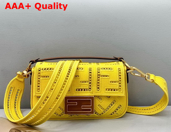 Fendi Mini Baguette Bag in Yellow Canvas with a Jour Embroidered FF Motif Replica