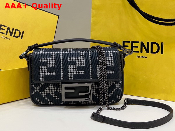Fendi Mini Baguette Grey Houndstooth Wool Bag with FF Embroidery Replica