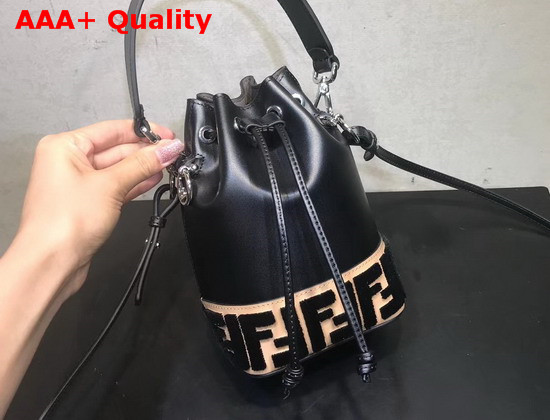 Fendi Mini Mon Tresor Bucket Bag in Black Calfskin with Contrasting FF Motif Replica