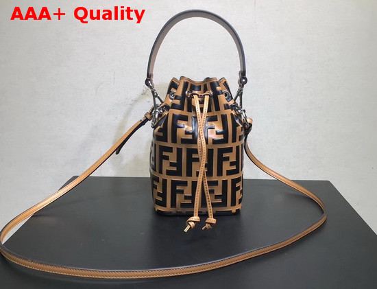 Fendi Mini Mon Tresor Bucket Bag in Light Brown Calfskin with Black Iconic FF Pattern Replica