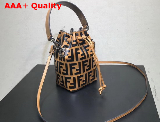 Fendi Mini Mon Tresor Bucket Bag in Light Brown Calfskin with Black Iconic FF Pattern Replica