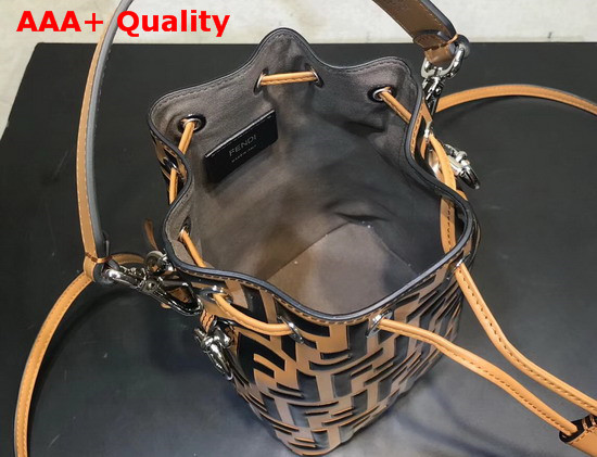 Fendi Mini Mon Tresor Bucket Bag in Light Brown Calfskin with Black Iconic FF Pattern Replica