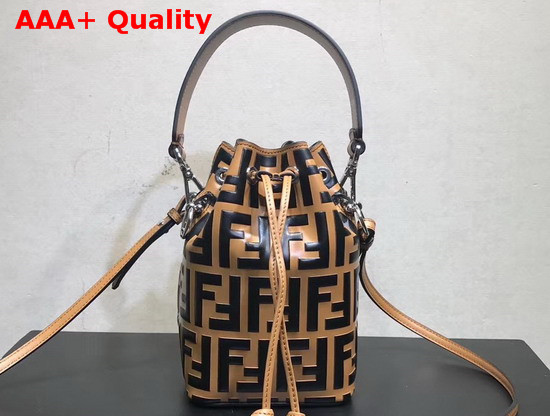 Fendi Mini Mon Tresor Bucket Bag in Light Brown Calfskin with Black Iconic FF Pattern Replica