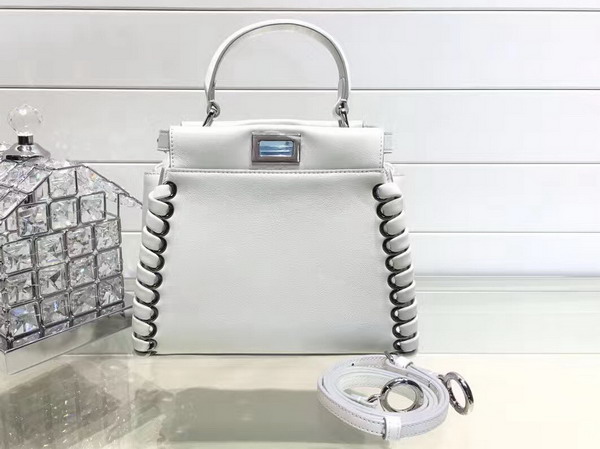 Fendi Mini Peekaboo Handbag in White Nappa Calf Leahter with Leather Weave For Sale