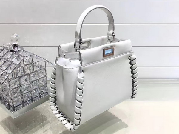 Fendi Mini Peekaboo Handbag in White Nappa Calf Leahter with Leather Weave For Sale