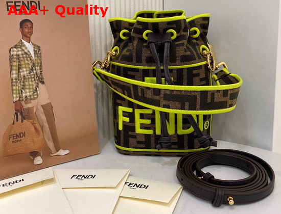Fendi Mini Roma Amor Mon Tresor Bucket Bag Jacquard FF Logo Fabric Lemon Embroidered Logo Replica