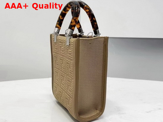 Fendi Mini Sunshine Shopper Bag Made of Beige Technical Mesh with 3D Texture FF Motif and Stiff Tortoiseshell Effect Plexiglass Handles Replica