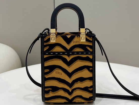 Fendi Mini Sunshine Shopper Bag Made of Jacquard Fabric Featuring the Tiger Motif in Black and Dark Yellow Replica