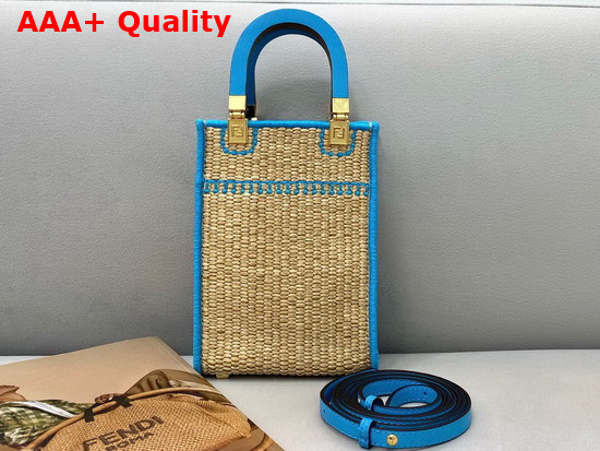 Fendi Mini Sunshine Shopper Bag Made of Natural Colored Straw with Blue FENDI ROMA Embroidery Replica