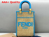 Fendi Mini Sunshine Shopper Bag Made of Natural Colored Straw with Blue FENDI ROMA Embroidery Replica