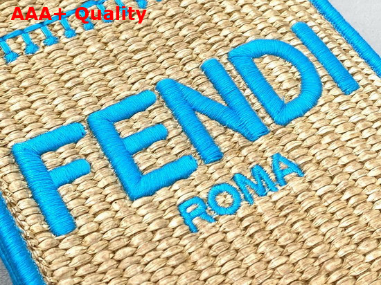 Fendi Mini Sunshine Shopper Bag Made of Natural Colored Straw with Blue FENDI ROMA Embroidery Replica