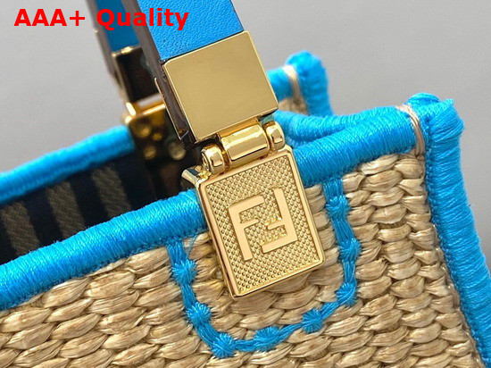 Fendi Mini Sunshine Shopper Bag Made of Natural Colored Straw with Blue FENDI ROMA Embroidery Replica