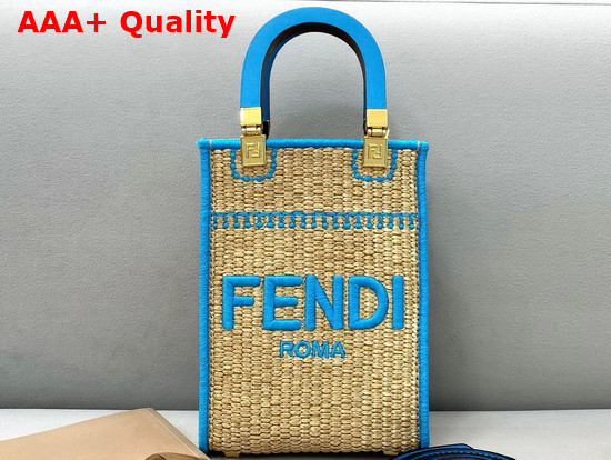 Fendi Mini Sunshine Shopper Bag Made of Natural Colored Straw with Blue FENDI ROMA Embroidery Replica