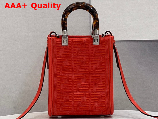 Fendi Mini Sunshine Shopper Bag Made of Red Technical Mesh with 3D Texture FF Motif and Stiff Tortoiseshell Effect Plexiglass Handles Replica