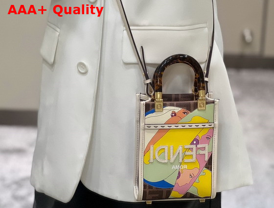 Fendi Mini Sunshine Shopper Bag in Fabric with FF Motif Multicolor Leather Hand Inlay and Embellished with Embossed FENDI Lettering Replica