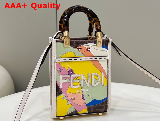 Fendi Mini Sunshine Shopper Bag in Fabric with FF Motif Multicolor Leather Hand Inlay and Embellished with Embossed FENDI Lettering Replica