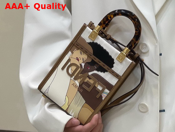 Fendi Mini Sunshine Shopper White FF Printed Fabric Mini Bag Replica