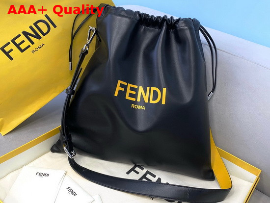 Fendi Pack Medium Pouch Bag with Drawstring Black Nappa Leather with Yellow FENDI ROMA Replica