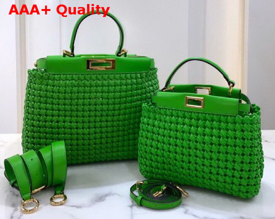 Fendi Peekaboo Iconic Medium Green Leather Interlace Bag Replica