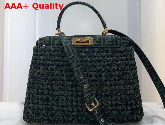 Fendi Peekaboo Iconic Medium Jacquard Fabric Interlace Bag in Green Replica