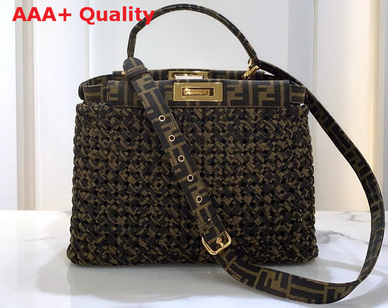 Fendi Peekaboo Iconic Medium Jacquard Fabric Interlace Bag in Khaki Replica