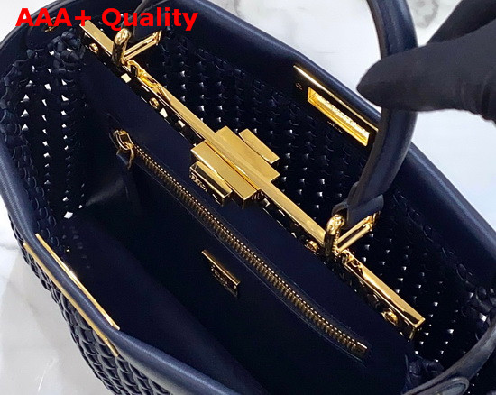 Fendi Peekaboo Iconic Medium Navy Blue Leather Interlace Bag Replica