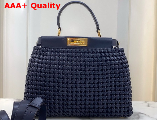 Fendi Peekaboo Iconic Medium Navy Blue Leather Interlace Bag Replica