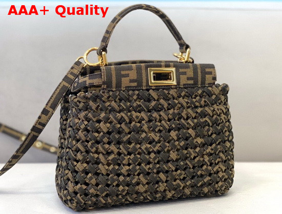 Fendi Peekaboo Iconic Mini Jacquard Fabric Interlace Bag in Khaki Replica