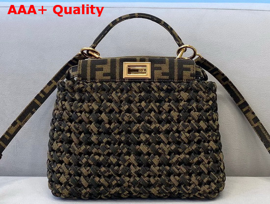 Fendi Peekaboo Iconic Mini Jacquard Fabric Interlace Bag in Khaki Replica