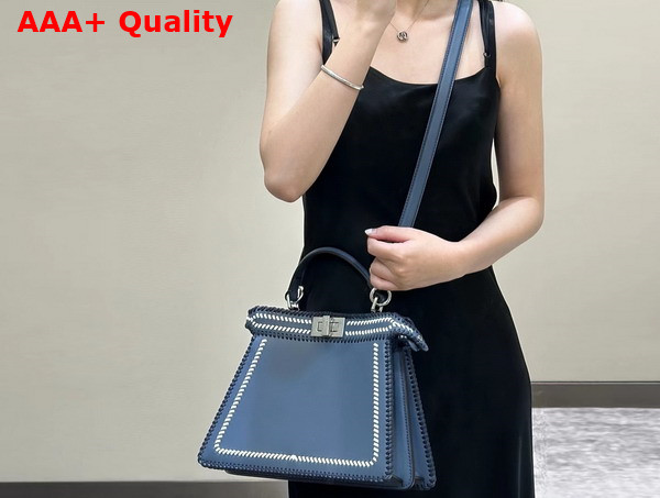 Fendi Peekaboo Iseeu Small in Blue Nappa Leather with Black and White Interlace Trims Replica