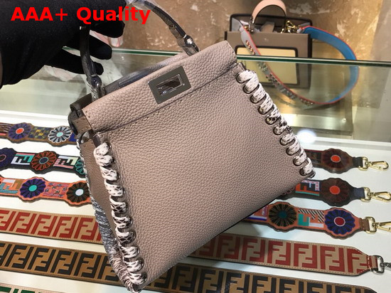 Fendi Peekaboo Mini Handbag in Asphalt Grey Roman Leather with Hand Sewn Stitches and Elaphe Weave Along The Edges Replica