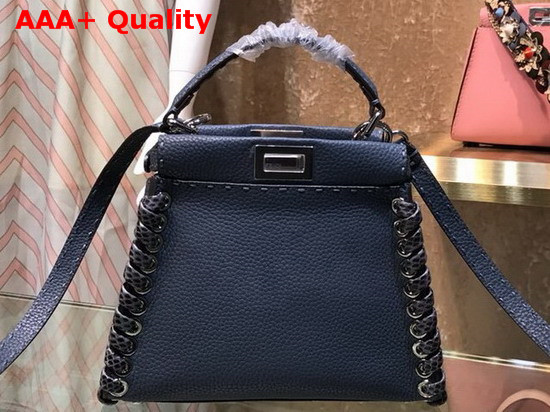 Fendi Peekaboo Mini Handbag in Light Blue Roman Leather with Hand Sewn Stitches and Elaphe Weave Along The Edges Replica