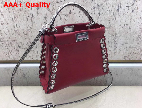 Fendi Peekaboo Mini Handbag in Red Calf Leather with Python Handle and Grommets Replica