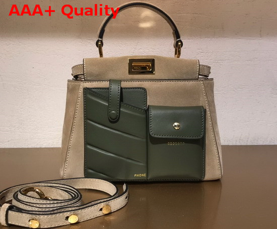 Fendi Peekaboo Mini Pocket Handbag in Beige Suede Leather and Green Leather Replica