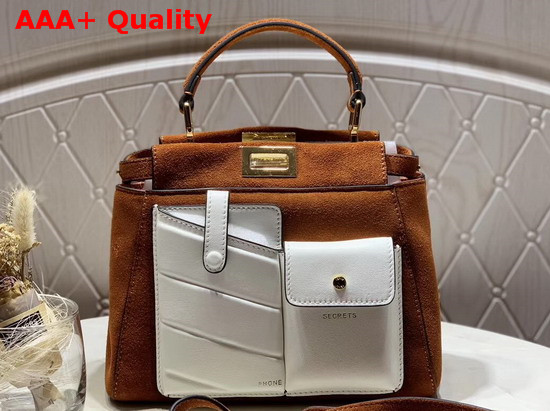 Fendi Peekaboo Mini Pocket Handbag in Brown Suede Leather and White Leather Replica