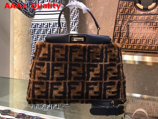 Fendi Peekaboo Regular Handbag in Brown Sheepskin with FF Motif Replica