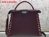 Fendi Peekaboo Regular Handbag in Burgundy Calf Leather with Python Handle and Grommets Replica