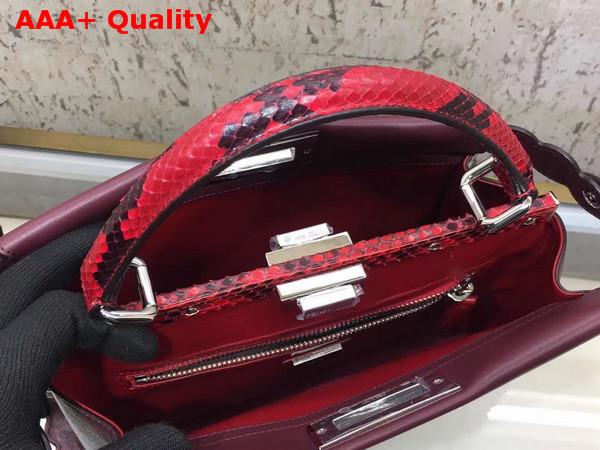 Fendi Peekaboo Regular Handbag in Burgundy Calf Leather with Python Handle and Grommets Replica