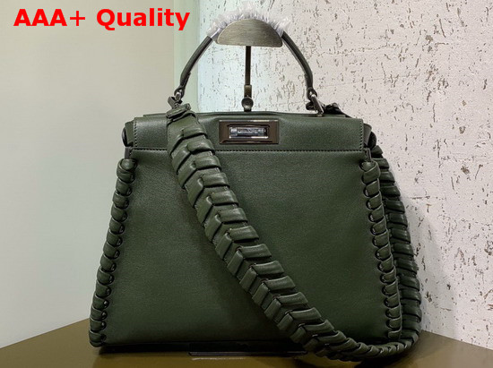 Fendi Peekaboo Regular Handbag in Green Calfskin with a Tone on Tone Weave Along the Edges Replica