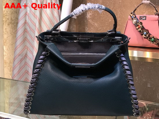 Fendi Peekaboo Regular Handbag in Green Roman Leather with Hand Sewn Stitches and Elaphe Weave Along The Edges Replica