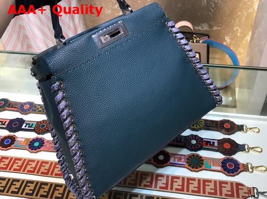 Fendi Peekaboo Regular Handbag in Green Roman Leather with Hand Sewn Stitches and Elaphe Weave Along The Edges Replica